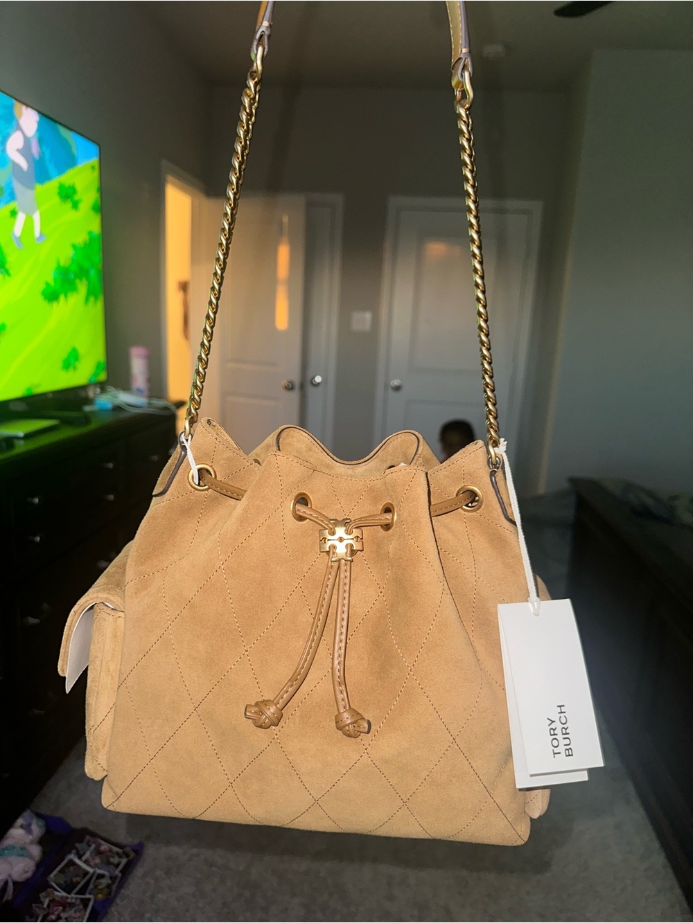 Tory Burch Suede Charlie Quilted Drawstring Toffee NWT